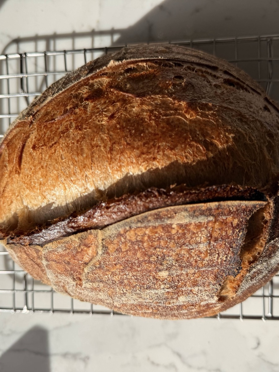 A Guinness sourdough boule with deep golden crust cooling on a wire rack