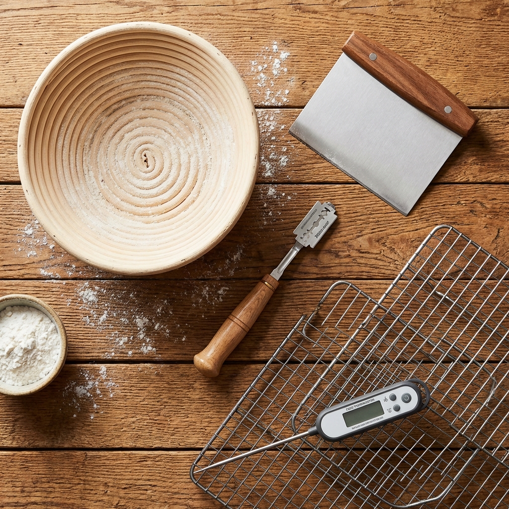 Flat lay of optional sourdough equipment including banneton and lame