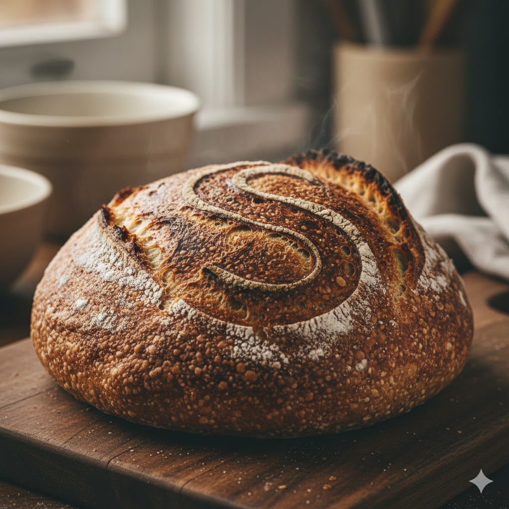A beautiful, scored sourdough loaf with an 'S' pattern cooling on a wooden board